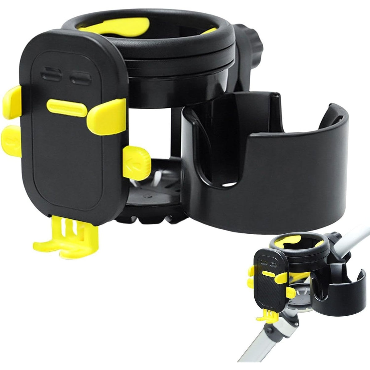 Suport Universal 3in1 pentru Cărucior și Bicicletă, 2 Suporturi Pahare și Suport Telefon, Rotire 360 Grade, ABS, Negru/Galben