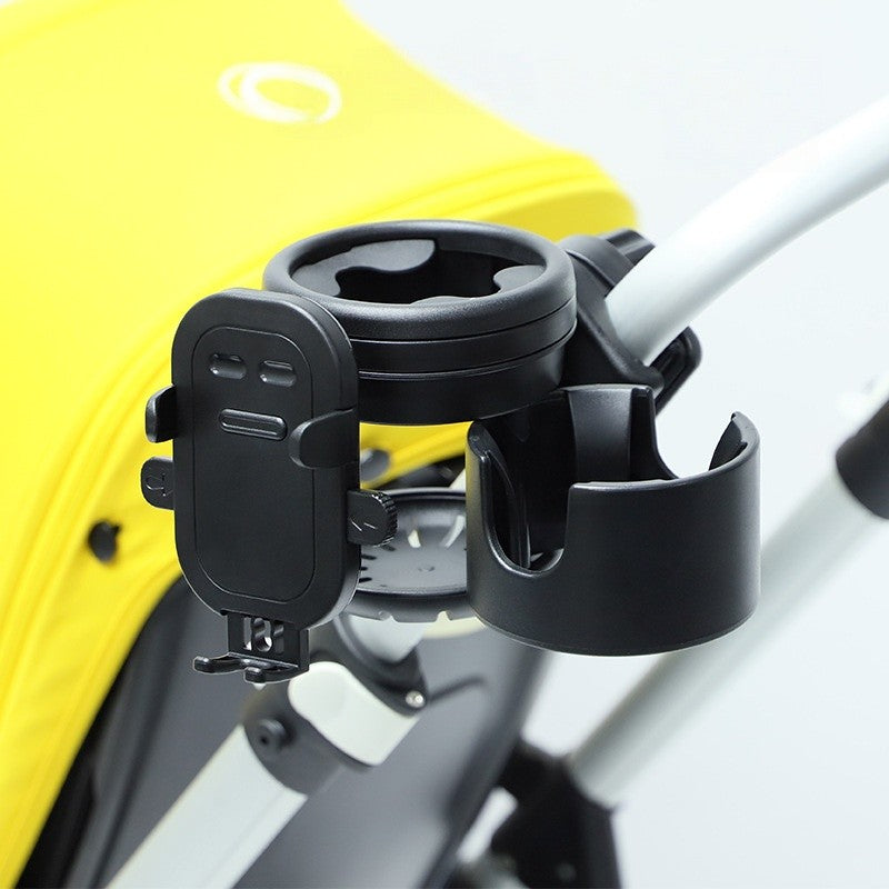 Suport Universal 3in1 pentru Carucior, Bicicleta si Masina, 2 Suporturi Pahare si 1 Suport Telefon, Rotire 360 Grade, ABS, Negru