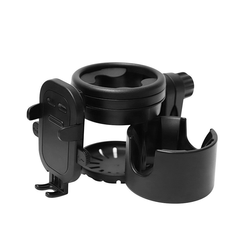 Suport Universal 3in1 pentru Carucior, Bicicleta si Masina, 2 Suporturi Pahare si 1 Suport Telefon, Rotire 360 Grade, ABS, Negru