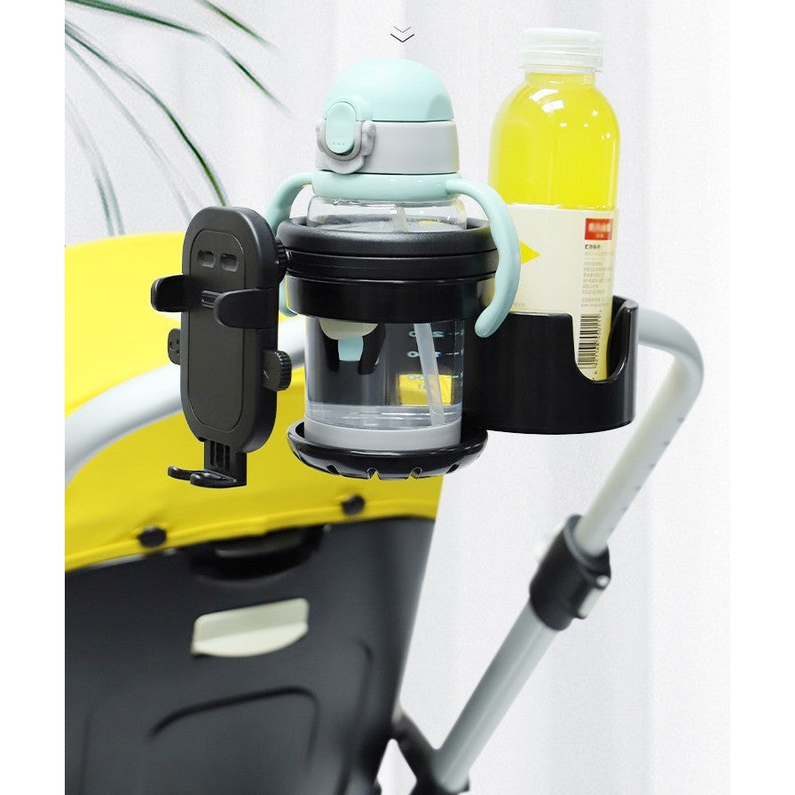 Suport Universal 3in1 pentru Carucior, Bicicleta si Masina, 2 Suporturi Pahare si 1 Suport Telefon, Rotire 360 Grade, ABS, Negru