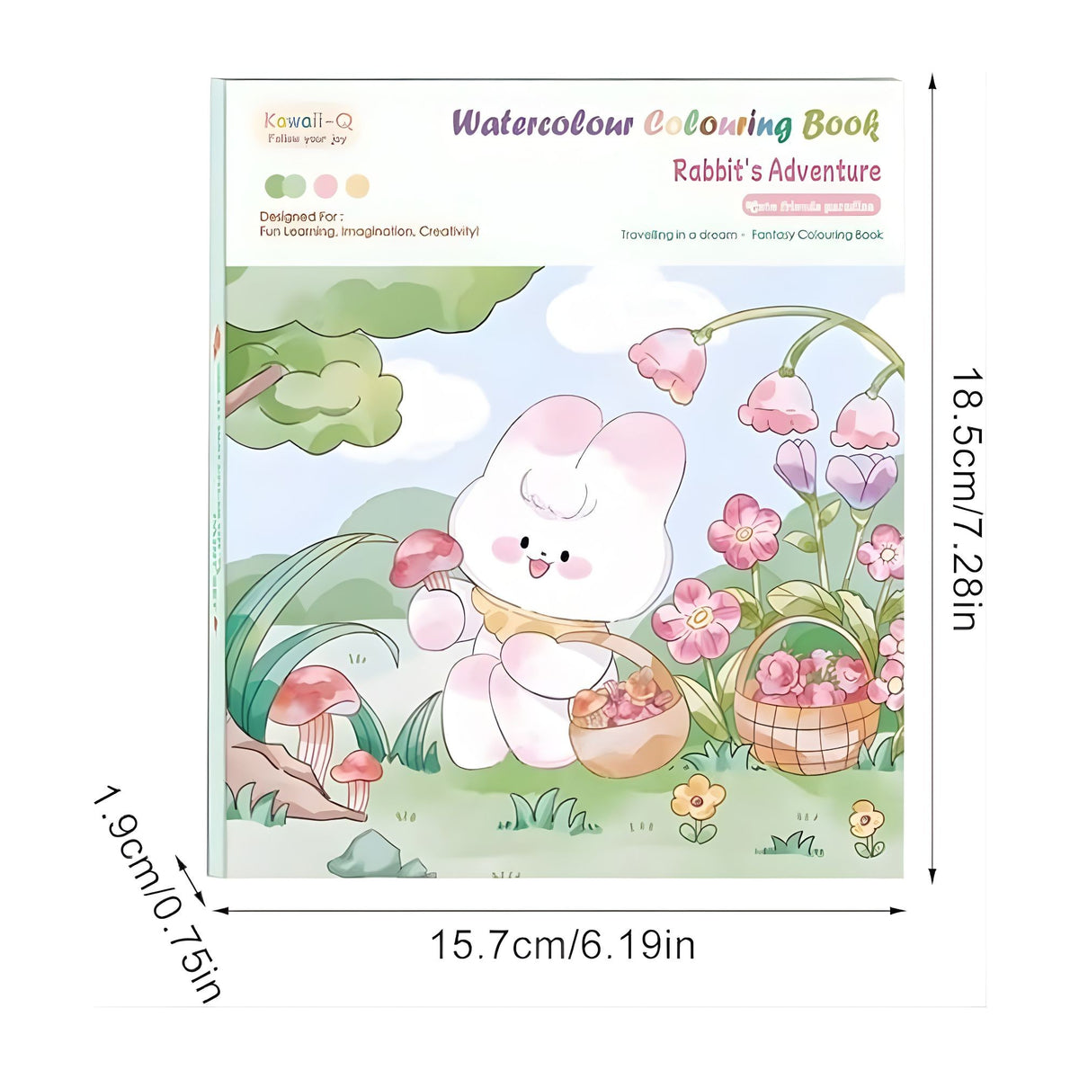 Carte de Colorat cu Acuarela, Model Iepure, Set Creativ cu 12 Culori si Pensula cu Rezervor, Carton Gros 200 gsm, 20 Foi, 15.7 x 18.8 x 1.8 cm, Alb/Gri