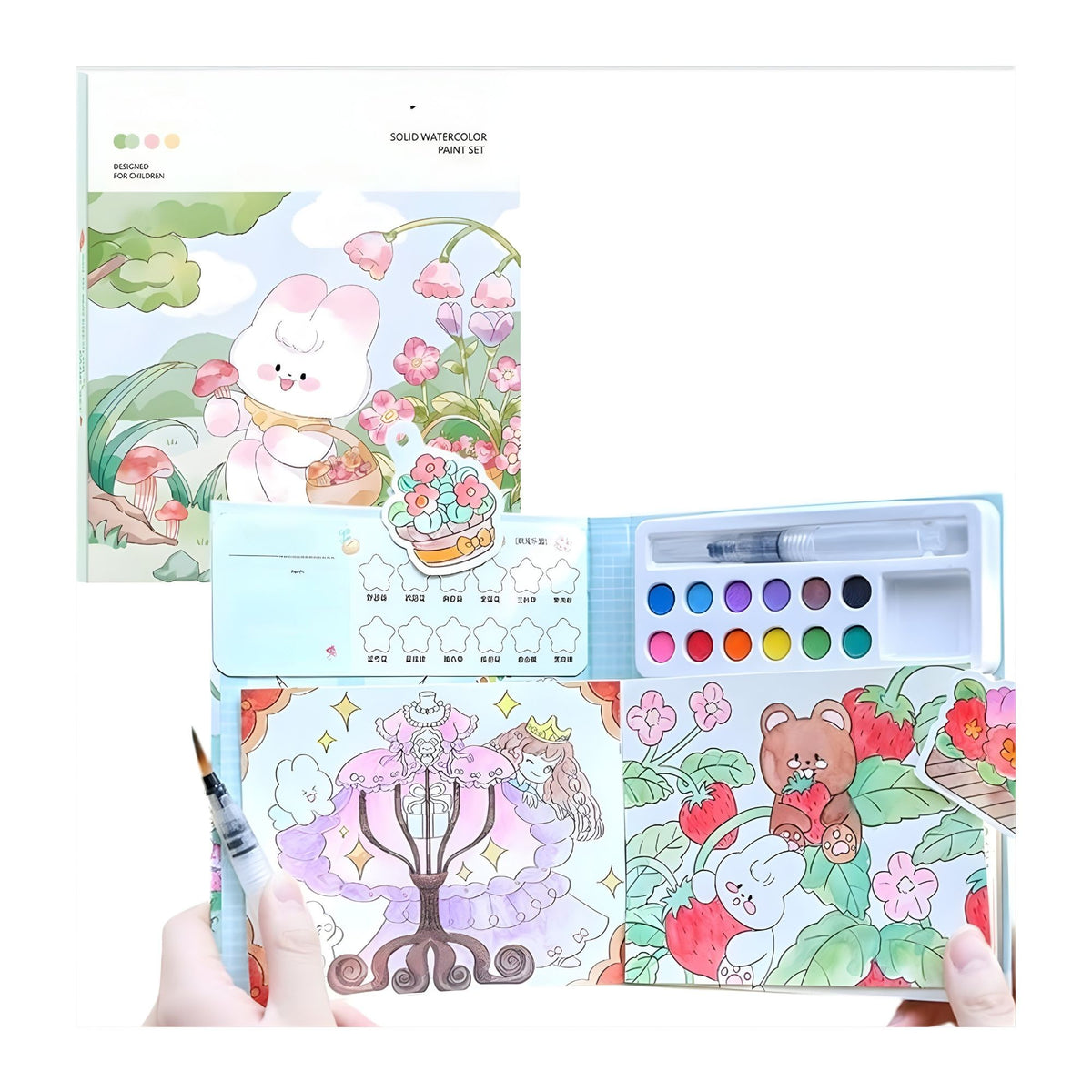 Carte de Colorat cu Acuarela, Model Iepure, Set Creativ cu 12 Culori si Pensula cu Rezervor, Carton Gros 200 gsm, 20 Foi, 15.7 x 18.8 x 1.8 cm, Alb/Gri