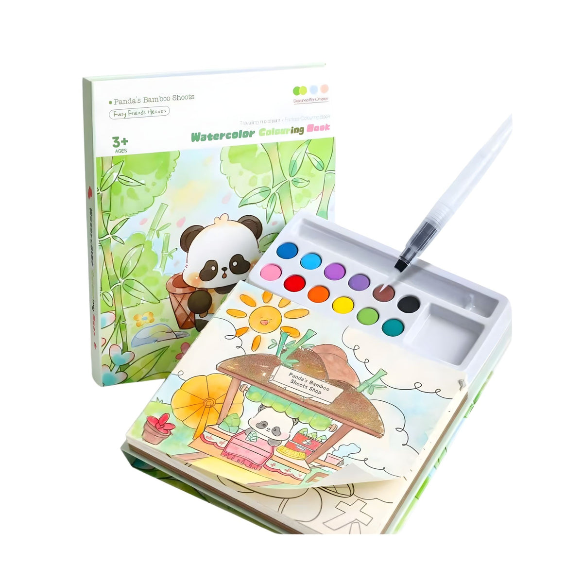 Carte de Colorat cu Acuarela, Model Panda, 20 Foi Carton 200 gsm, Include 12 Culori si Pensula cu Rezervor, 15.7 x 18.8 cm, Verde