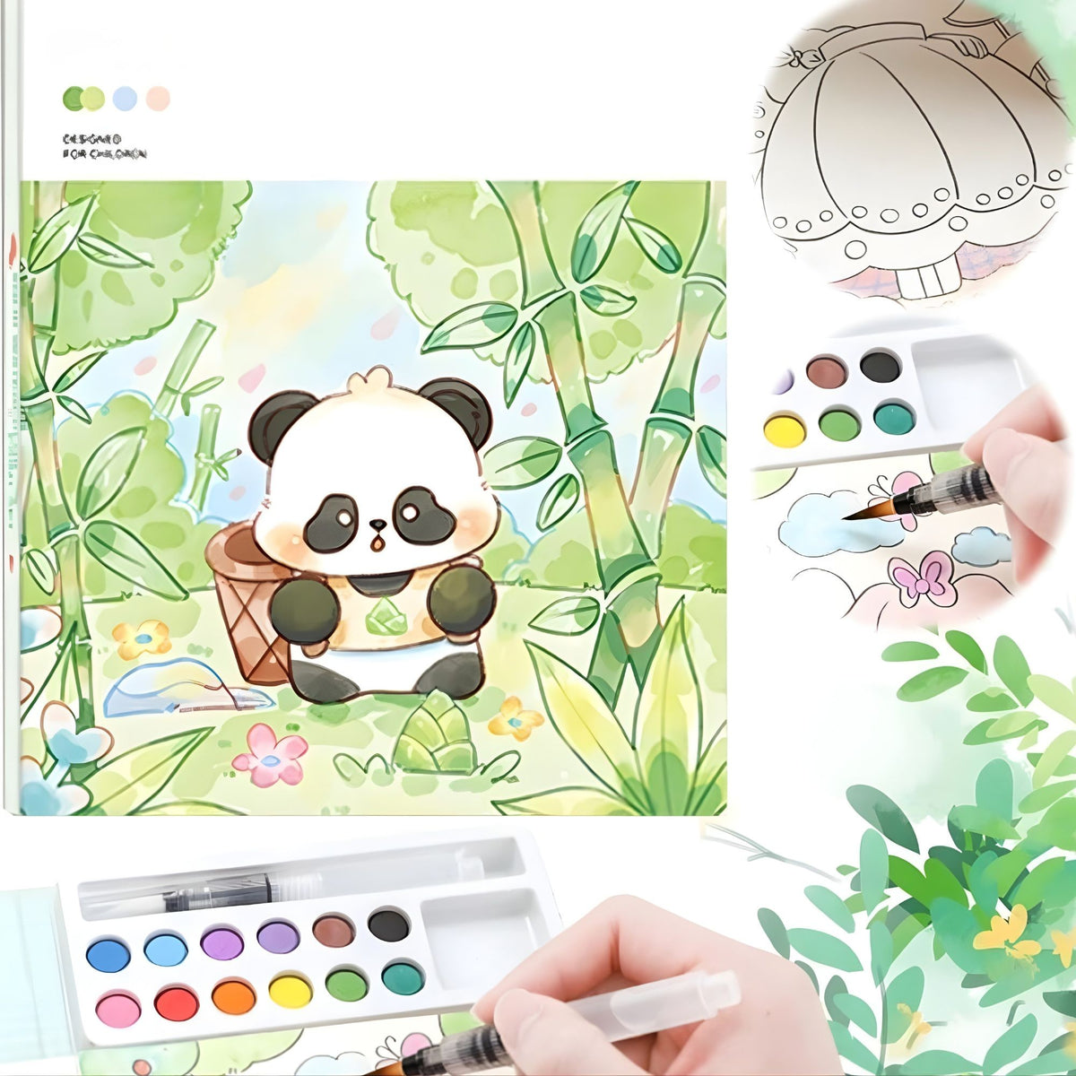 Carte de Colorat cu Acuarela, Model Panda, 20 Foi Carton 200 gsm, Include 12 Culori si Pensula cu Rezervor, 15.7 x 18.8 cm, Verde