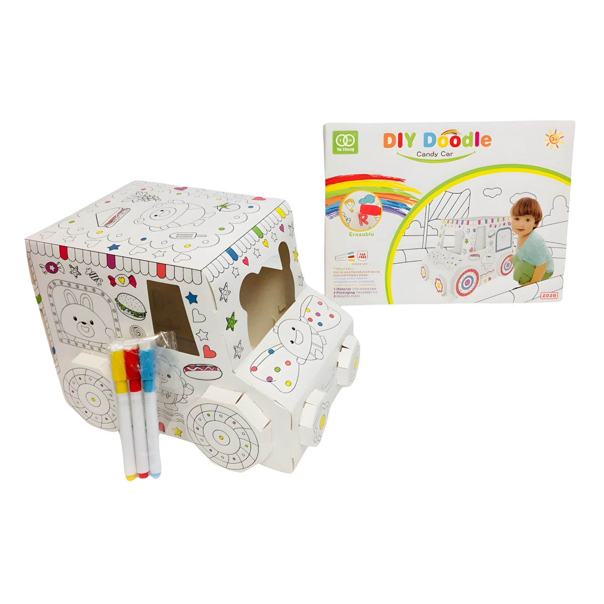 Jucarie Educativa Masinuta 3D, Set de Creatie pentru Asamblat si Colorat, Reutilizabila cu Markere Incluse, Carton, 28 x 20 cm, Varsta 3+ Ani, Alb