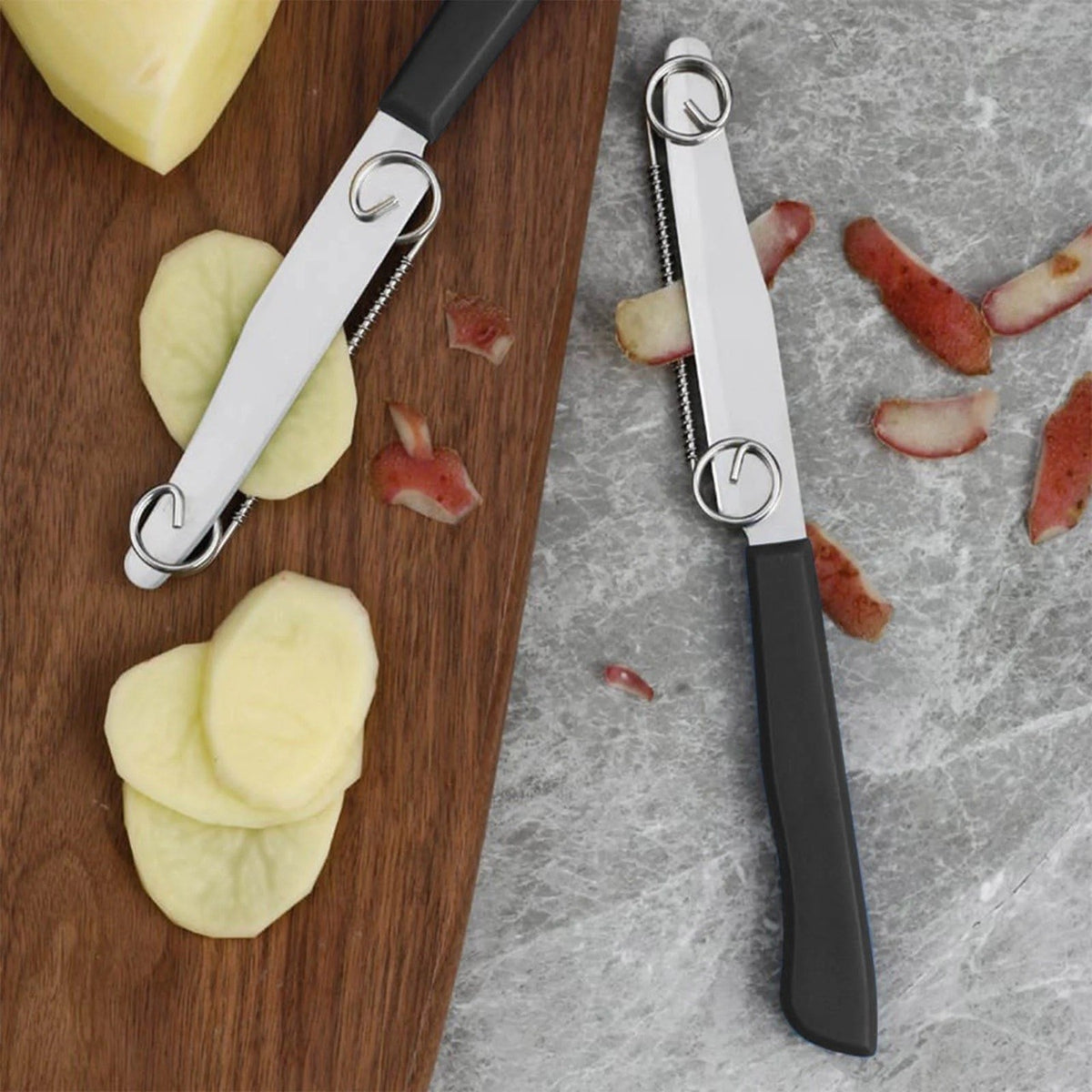 Cuțit Multifuncțional 2 în 1 pentru Feliere și Curățare Legume, Grosime Reglabilă cu Arc Detașabil, Oțel Inoxidabil, 22 cm, Negru