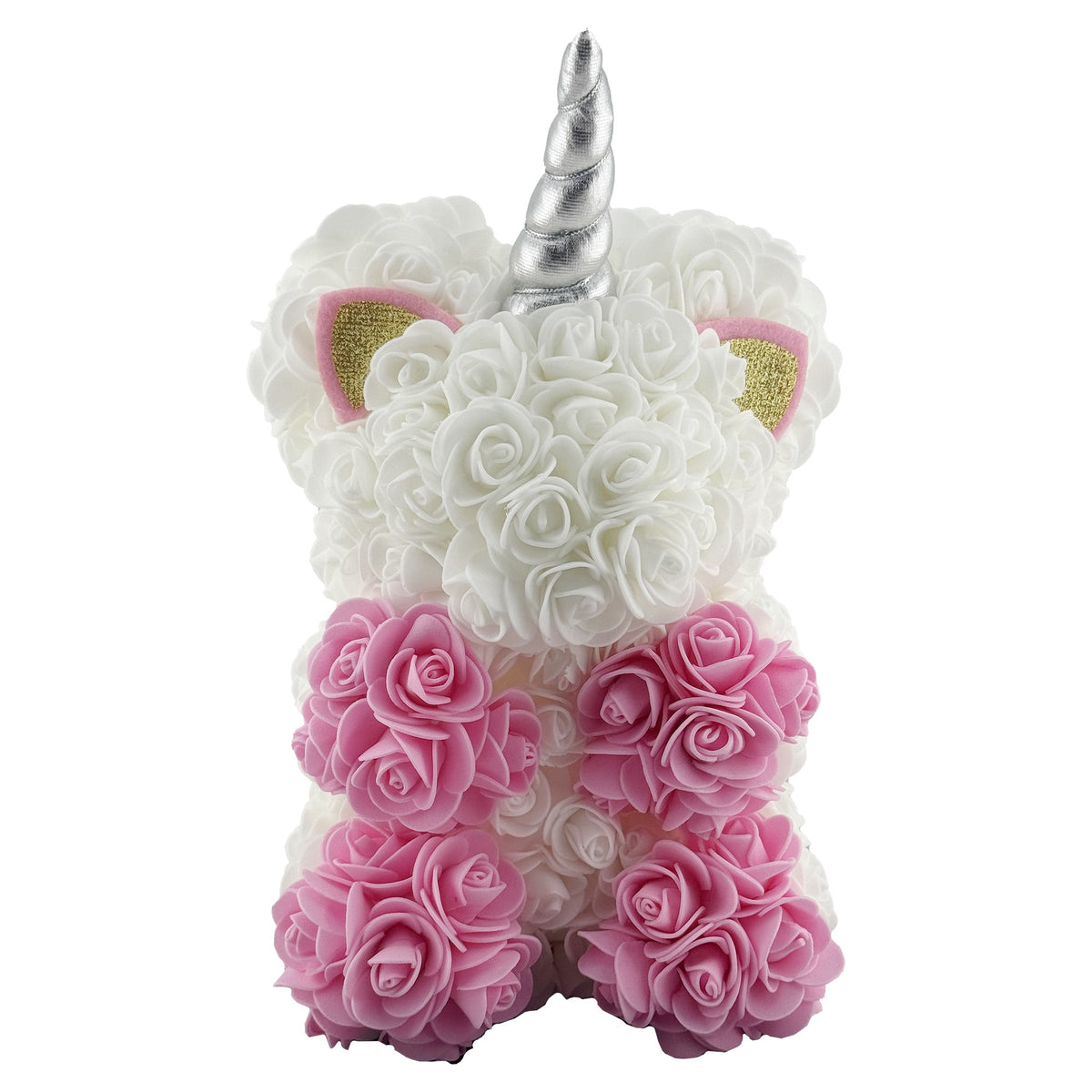 Unicorn Decorativ din Flori, Trandafiri din Spuma Realisti, Cutie Transparenta Cadou, 17 x 17 x 23 cm, Roz/Alb