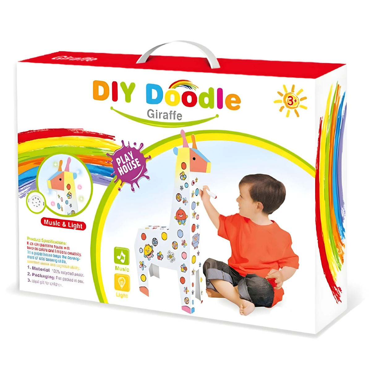 Puzzle 3D Educativ Girafa, Set Creativ de Asamblat si Colorat cu Lumini si Sunete, Carton Reciclabil, 31 x 7.5 x 54 cm, 3+ Ani, Alb Multicolor