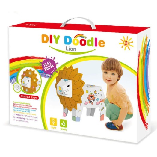 Puzzle 3D Leu de Asamblat si Colorat, Jucarie Educativa si Creativa pentru Copii, Carton Ecologic, 41 x 12 x 33 cm, 3+ Ani, Alb/Maro