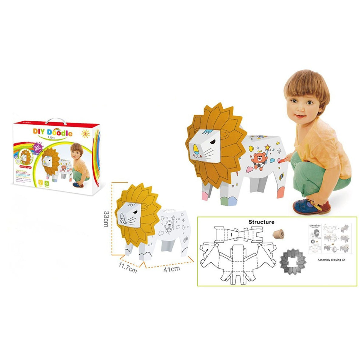 Puzzle 3D Leu de Asamblat si Colorat, Jucarie Educativa si Creativa pentru Copii, Carton Ecologic, 41 x 12 x 33 cm, 3+ Ani, Alb/Maro