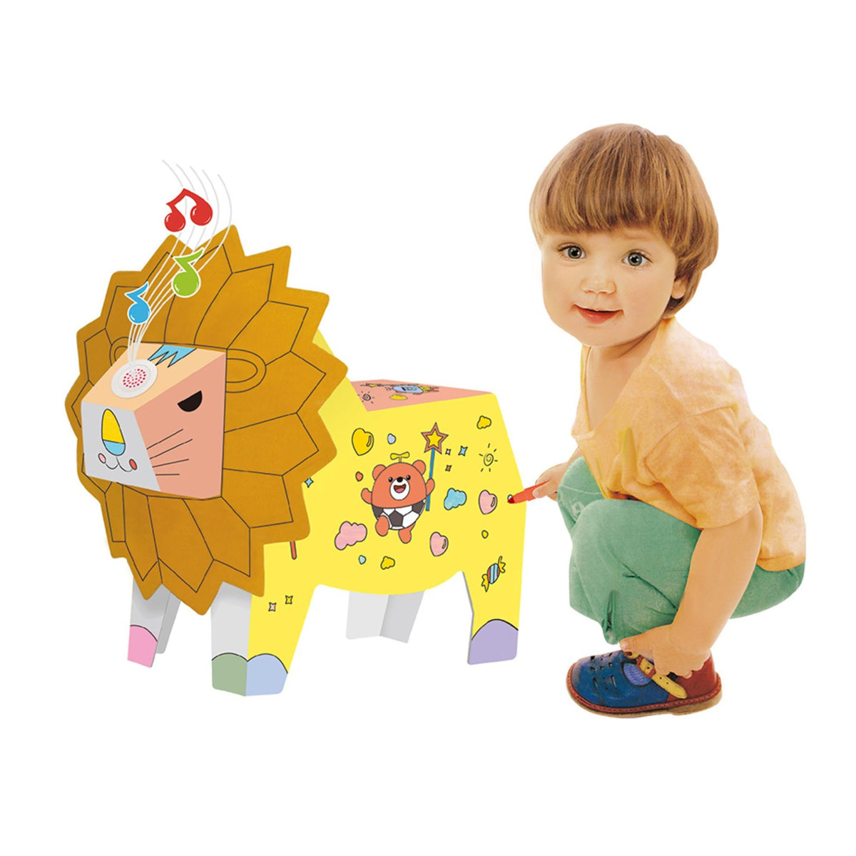 Puzzle 3D Leu de Asamblat si Colorat, Jucarie Educativa si Creativa pentru Copii, Carton Ecologic, 41 x 12 x 33 cm, 3+ Ani, Alb/Maro
