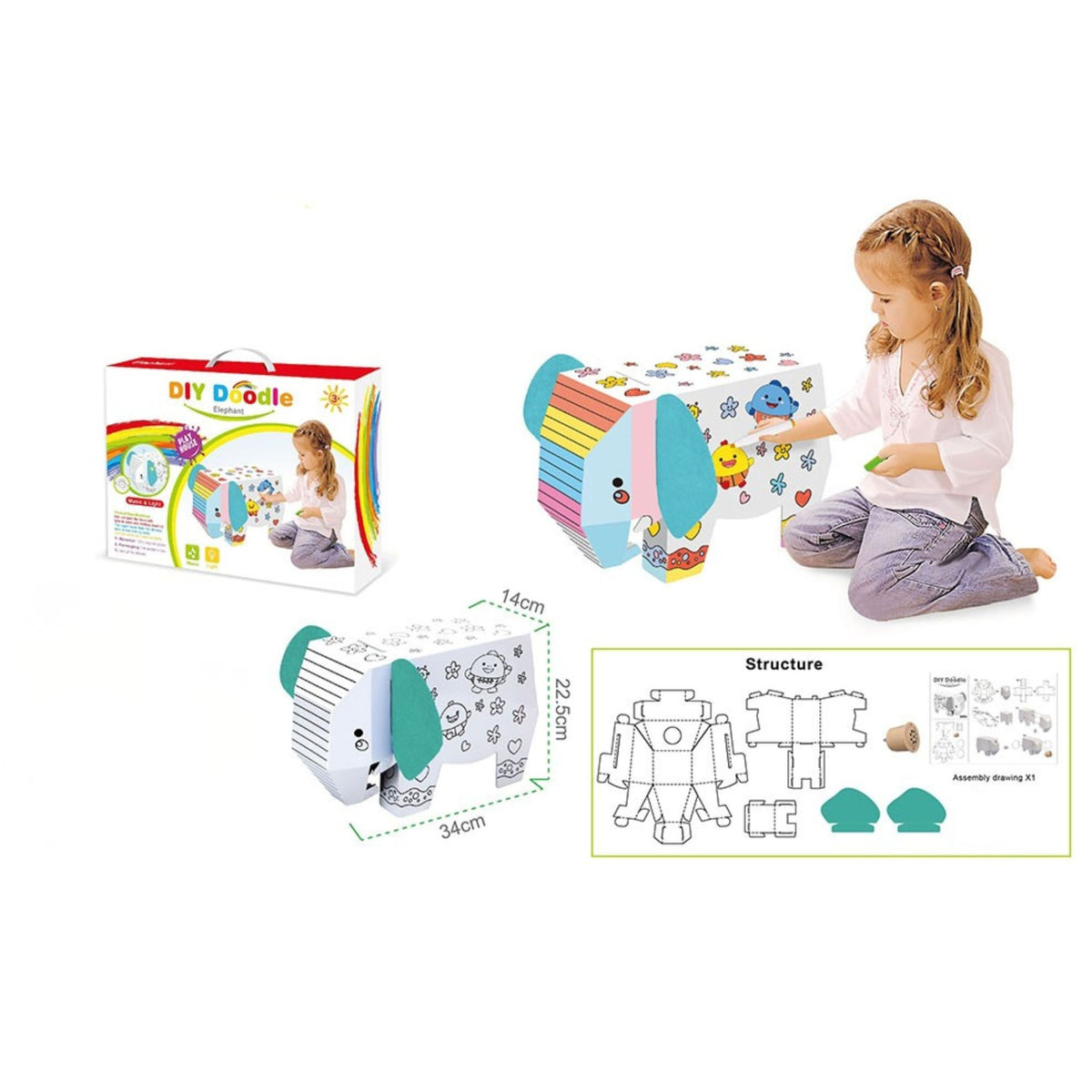 Puzzle 3D Educativ Elefant, Set Creativ de Asamblat si Colorat pentru Copii, Jucarie din Carton fara Lipici, 34 x 14 x 23 cm, Varsta 3+ Ani, Alb/Negru