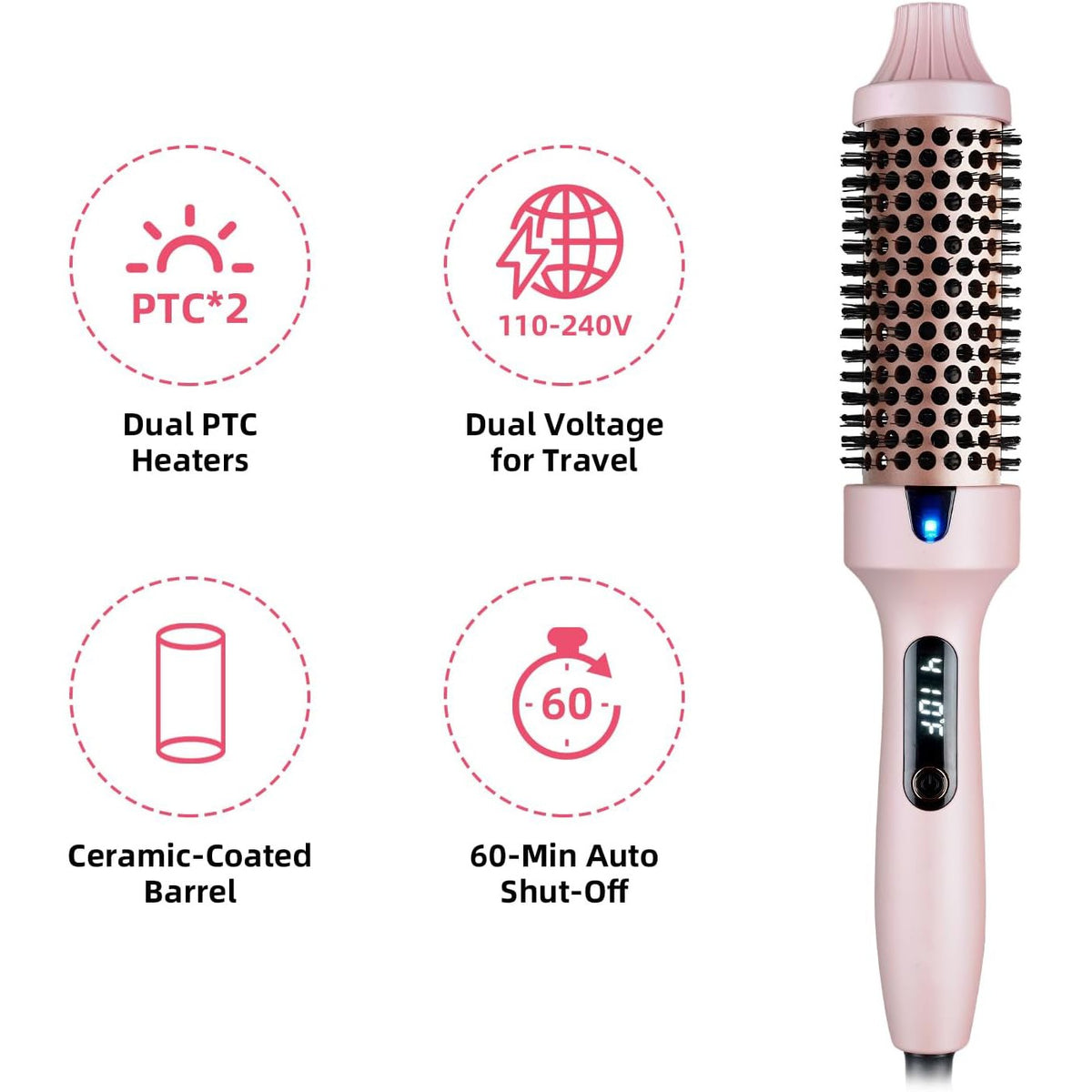 Perie Termica Multifunctionala cu Infrarosu si Ioni Negativi, Pieptene Cald pentru Volum si Ondulare, Afisaj LED, 10 Trepte Temperatura 150-210 Grade, Invelis Ceramic, 34 x 8 x 7 cm, Roz