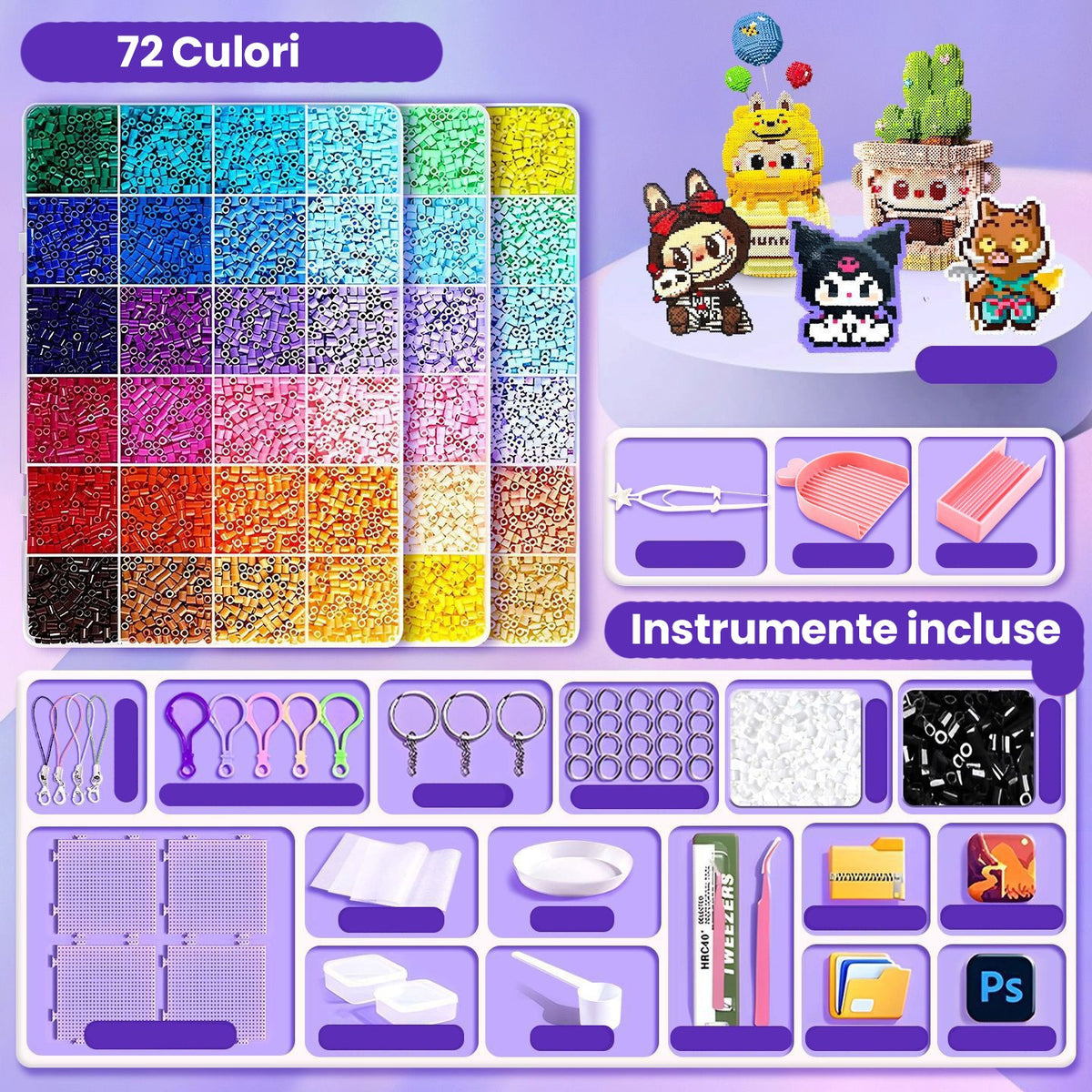 Kit de Margele Termoadezive DIY, Set Creativ pentru Figurine 3D si Brelocuri, Plastic, 72 Culori, 6000 Piese, 2.6 mm, Multicolor
