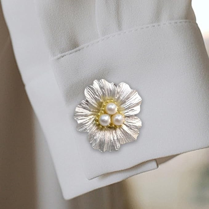 Accesoriu Decorativ Pentru Nasturi, Model Floare Cu Perle, Bijuterie Vestimentara Detasabila, Metal, 2.5 x 1.7 cm, Argintiu