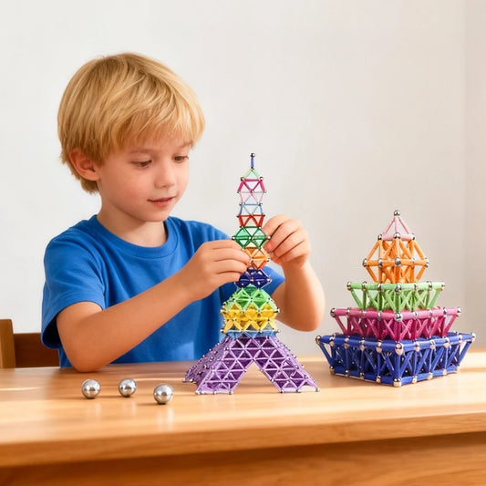 Set Constructie Magnetica, Joc Educativ STEM cu Betisoare si Bile, Dezvoltare Creativitate si Imaginatie, Plastic si Magnet, 72 Piese, Multicolor, +3 Ani
