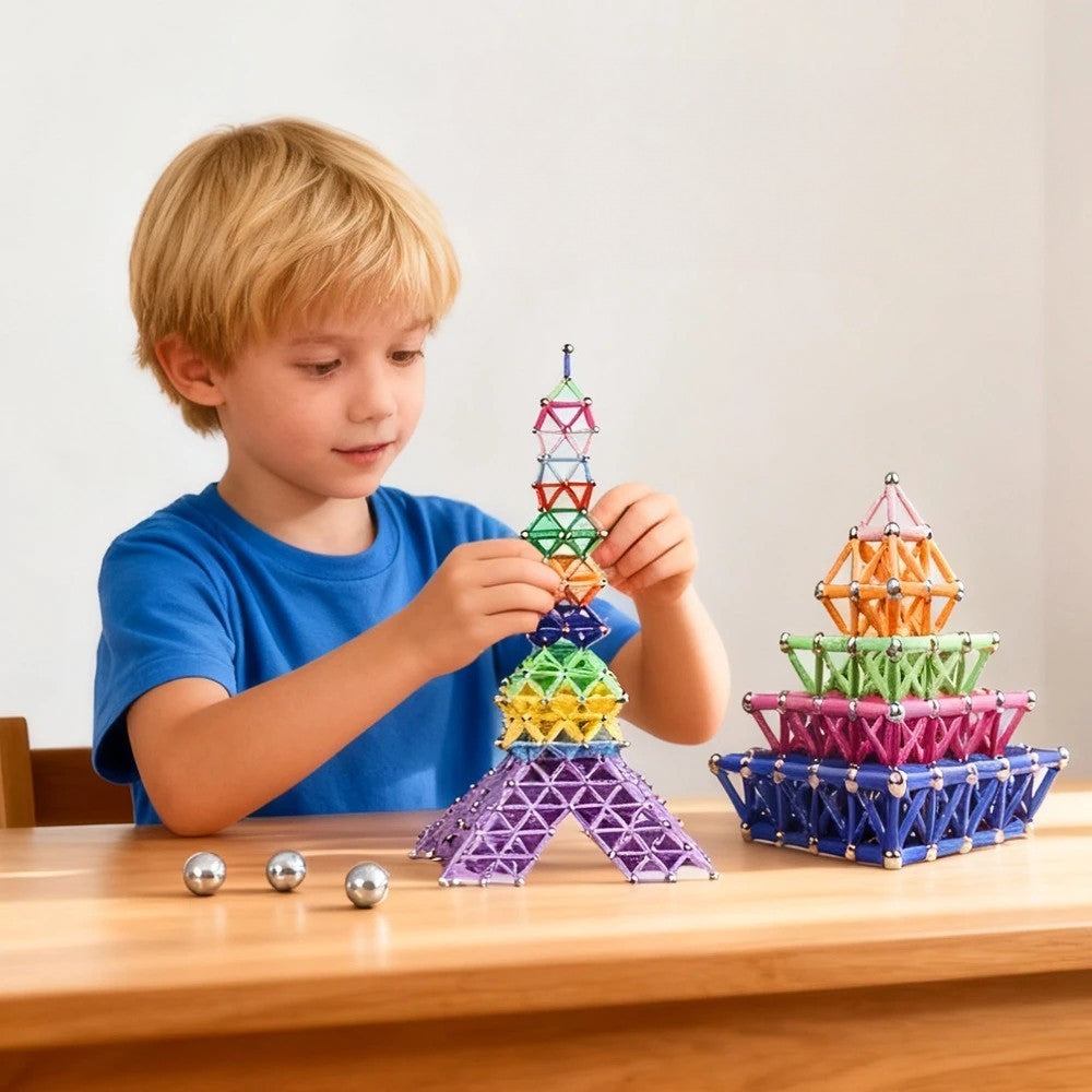 Joc Educativ Bețișoare Magnetice, Set Construcție STEM 3D, Plastic și Magnet, 178 Piese, Multicolor, +3 Ani