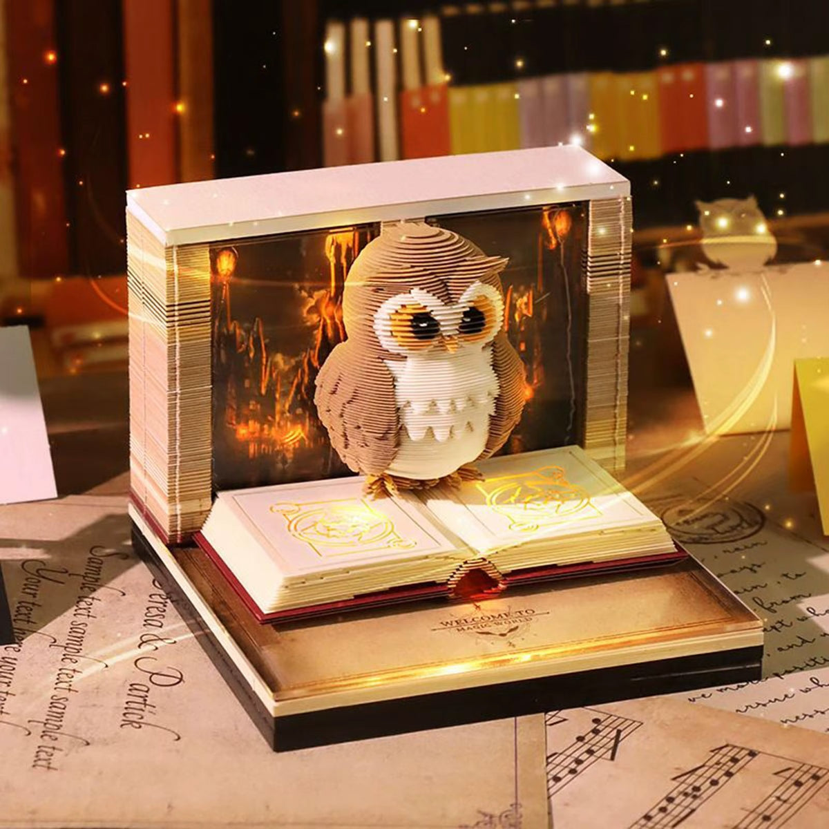 Calendar Interactiv 3D 2026, Sculptura Tip Carte cu Iluminare LED, Model Bufnita Magic World, Ornament pentru Birou, Maro, 9 x 9 x 6.8 cm