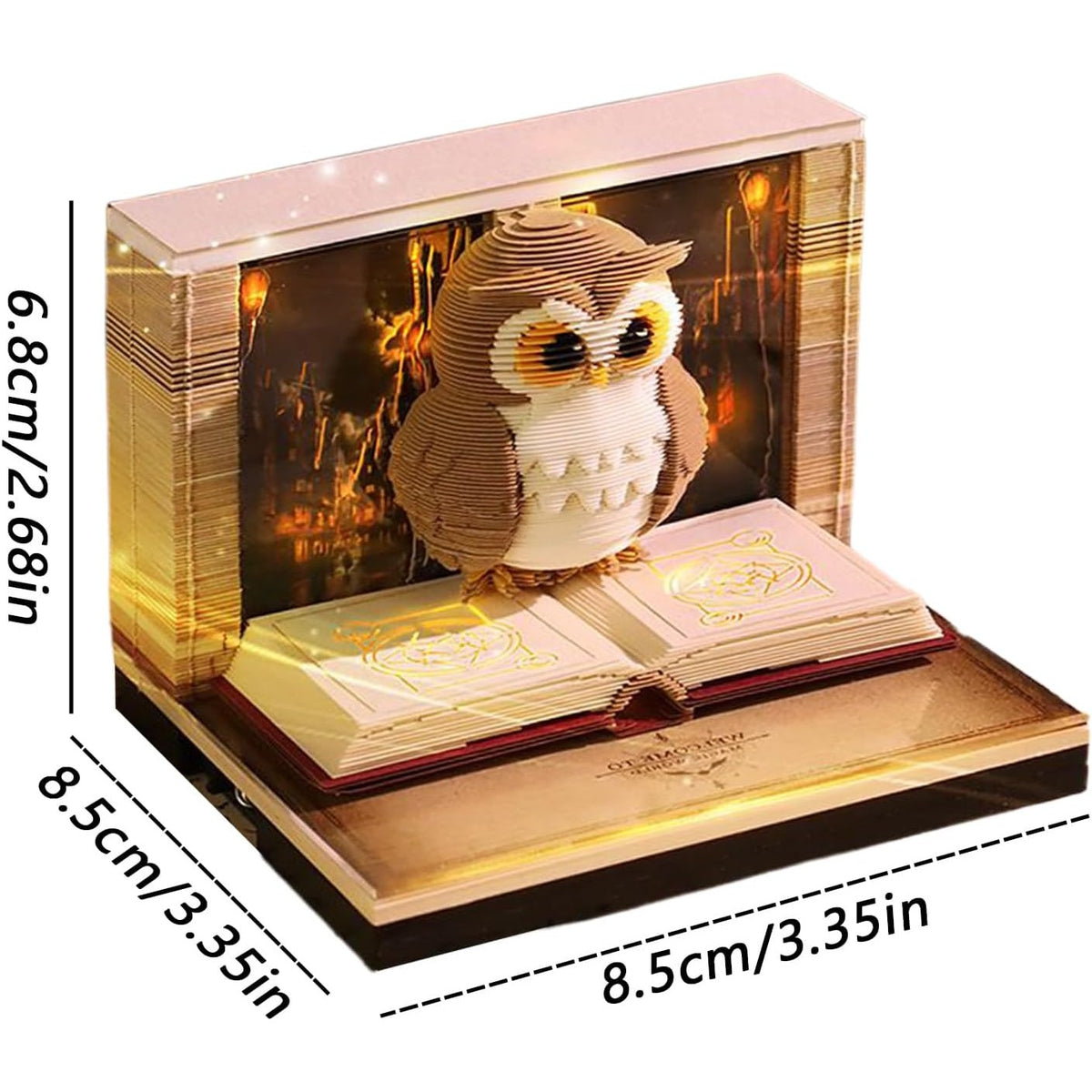 Calendar Interactiv 3D 2026, Sculptura Tip Carte cu Iluminare LED, Model Bufnita Magic World, Ornament pentru Birou, Maro, 9 x 9 x 6.8 cm