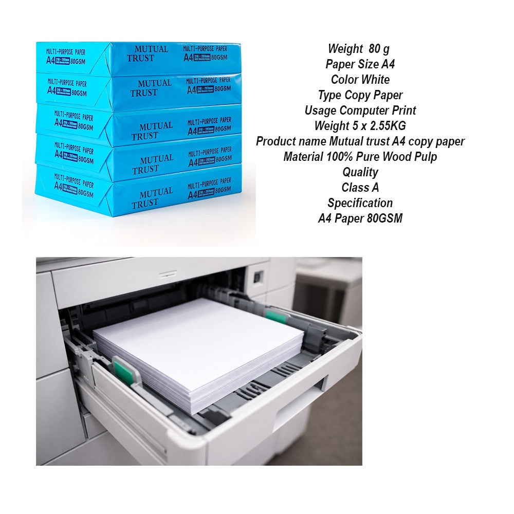 Hartie Copiator A4 Mutual Trust, Hartie Multifunctionala pentru Imprimanta si Copiator, Clasa A, 80 g/mp, Cutie 5 Topuri x 500 Coli, 2500 Coli, Alb