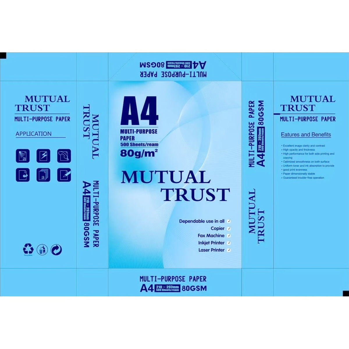 Hartie Copiator A4 Mutual Trust, Hartie Multifunctionala pentru Imprimanta si Copiator, Clasa A, 80 g/mp, Cutie 5 Topuri x 500 Coli, 2500 Coli, Alb