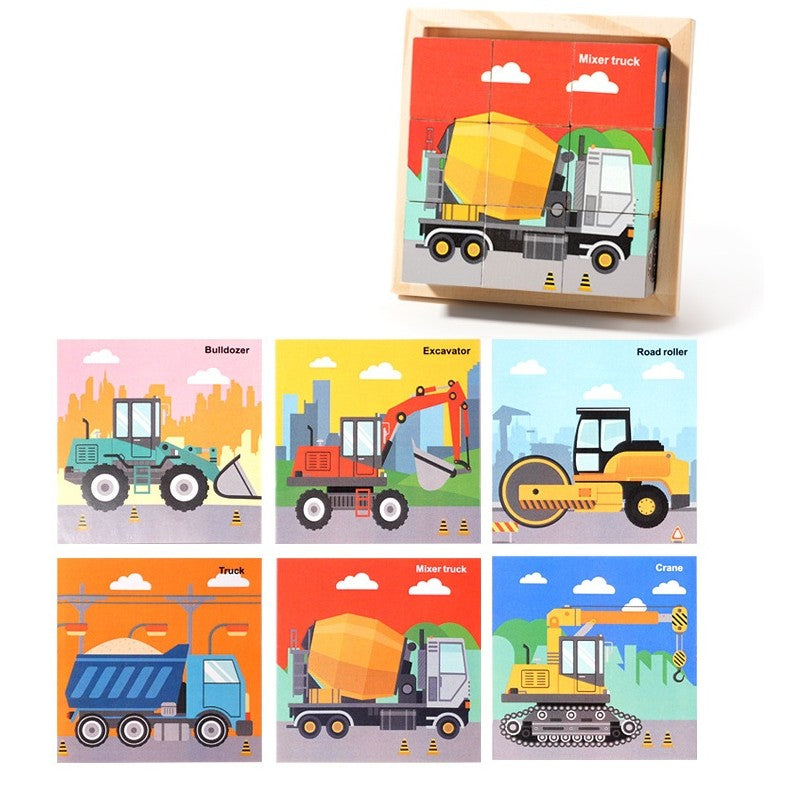Puzzle Montessori din Lemn cu 9 Cuburi, Joc Educativ 3D cu 6 Fețe Ilustrate, Model Utilaje Construcții, 4-6 Ani, 11 x 11 x 3.2 cm, Multicolor