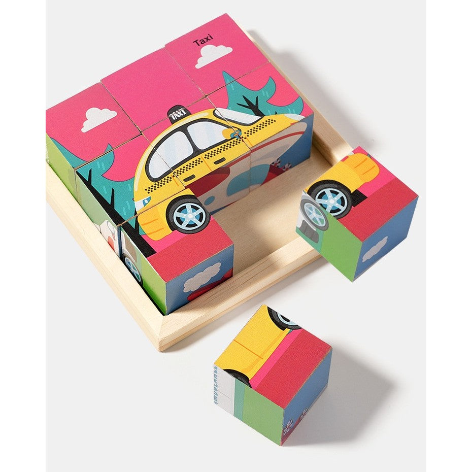 Puzzle Educativ Montessori din Lemn, 9 Cuburi 3D cu 6 Fețe Ilustrate, Model Mașini, Dezvoltare Cognitivă Preșcolari, 4-6 Ani, 11 x 11 x 3.2 cm, Multicolor