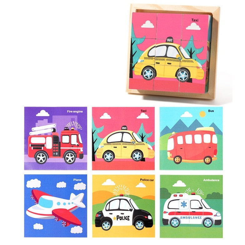 Puzzle Educativ Montessori din Lemn, 9 Cuburi 3D cu 6 Fețe Ilustrate, Model Mașini, Dezvoltare Cognitivă Preșcolari, 4-6 Ani, 11 x 11 x 3.2 cm, Multicolor