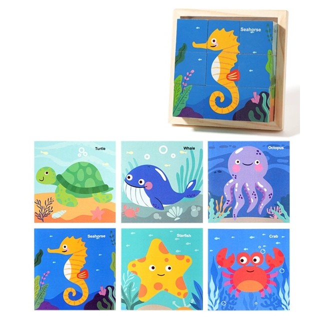 Puzzle din Lemn cu 9 Cuburi, Joc Educativ Montessori 3D, 6 Fețe Ilustrate cu Animale Marine, 11 x 11 x 3.2 cm, Multicolor, 4-6 Ani