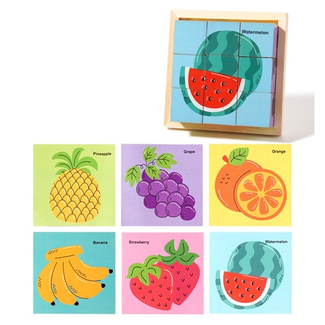 Puzzle Educativ Montessori 3D din Lemn, 9 Cuburi cu 6 Fete Ilustrate, Model Fructe, 11 x 11 x 3.2 cm, 4-6 Ani, Multicolor
