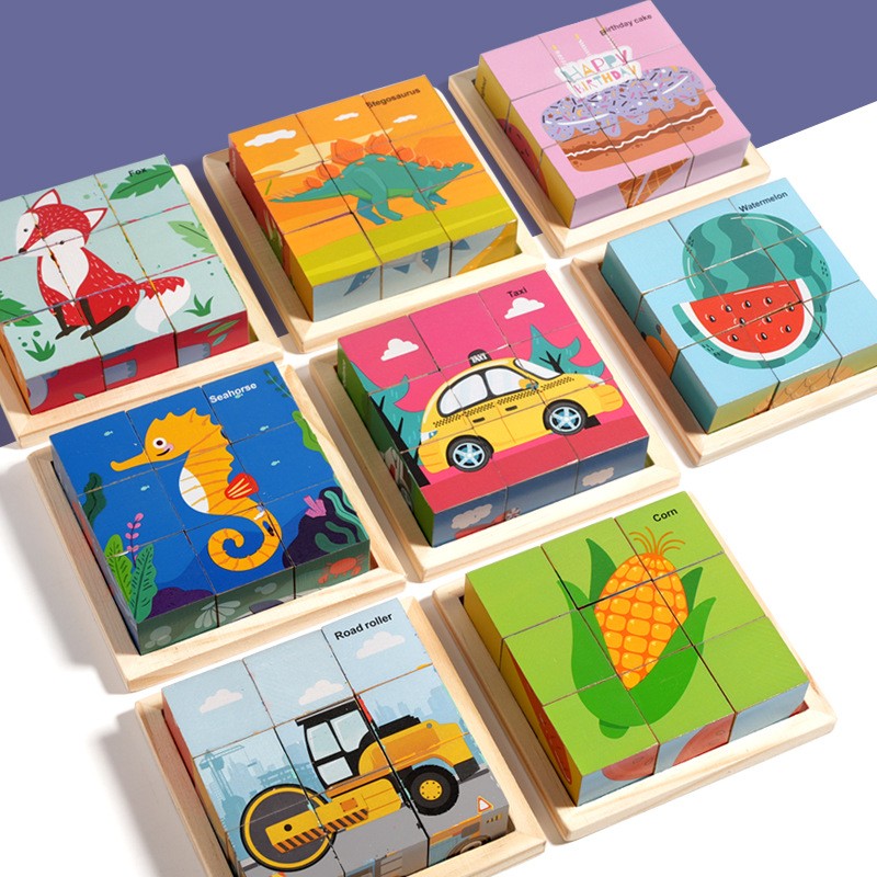 Puzzle Educativ Montessori 3D din Lemn, 9 Cuburi cu 6 Fete Ilustrate, Model Fructe, 11 x 11 x 3.2 cm, 4-6 Ani, Multicolor