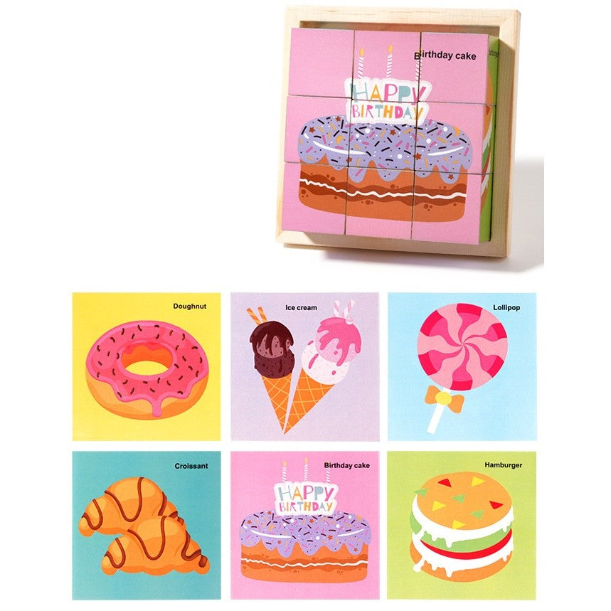 Puzzle Educativ Montessori din Lemn, Joc 3D cu 9 Cuburi si 6 Fete Ilustrate, Dezvoltare Logica si Coordonare, Model Dulciuri, 4-6 Ani, 11 x 11 x 3.2 cm, Multicolor