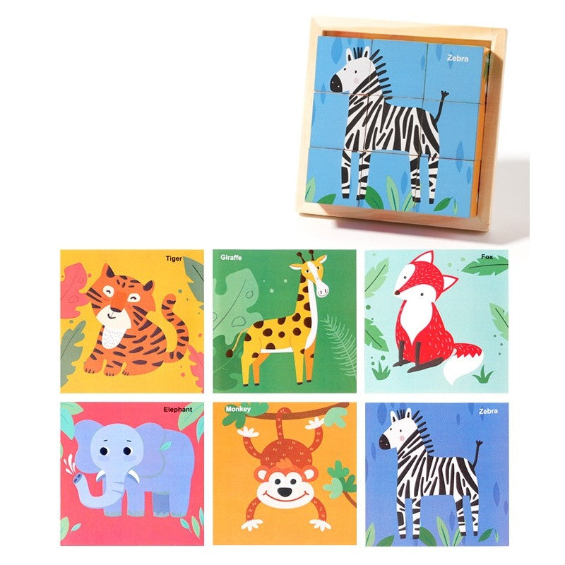 Puzzle Educativ Montessori din Lemn, Joc 9 Cuburi cu 6 Fete Ilustrate, Dezvoltare Logica si Coordonare, Model Animale Salbatice, 4-6 Ani, 11 x 11 x 3.2 cm, Multicolor