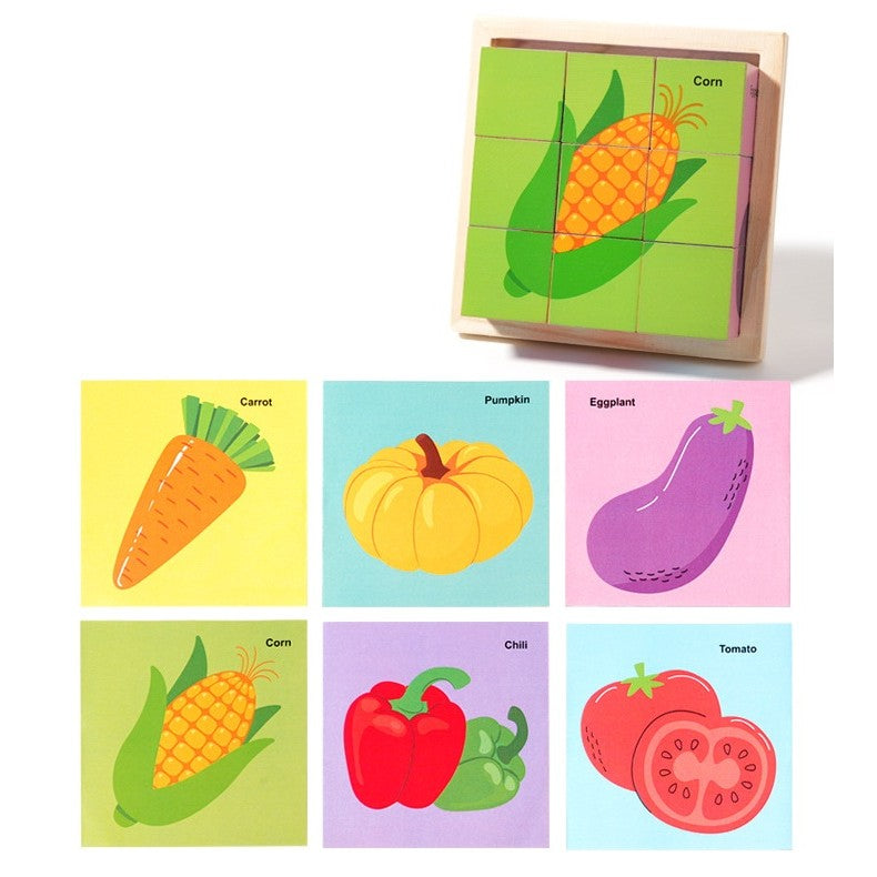 Puzzle Educativ Montessori din Lemn, 9 Cuburi cu 6 Fete Ilustrate, Model Legume, Joc de Logica 3D, 4-6 Ani, 11 x 11 x 3.2 cm, Multicolor