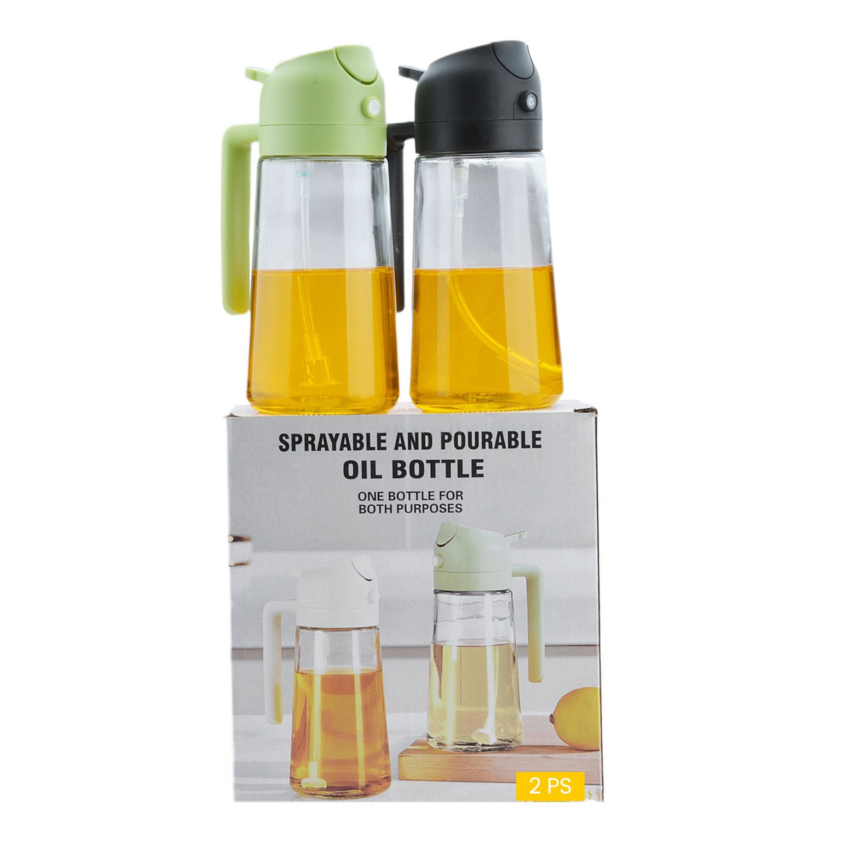 Set Recipiente pentru Ulei si Otet 2 in 1, Pulverizator Tip Spray si Turnare, Sistem Antiscurgere, Sticla Transparenta, 470 ml, Set 2 Bucati, Verde/Negru