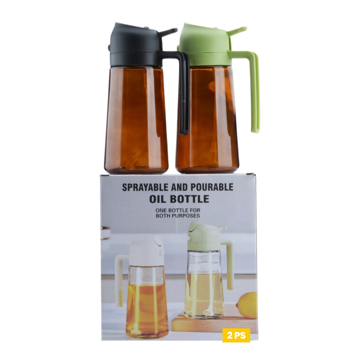 Set 2 Recipiente pentru Ulei 2 in 1, Dozator cu Functie Spray si Turnare, Sistem Fara Scurgere, Sticla Termorezistenta, 470 ml, Verde/Negru