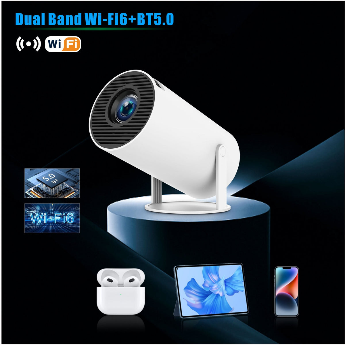 Video Proiector Portabil HY300PRO, Smart TV Android 13, Full HD 4K Support, WiFi 6, Bluetooth 5.4, 3000 Lumeni, Alb