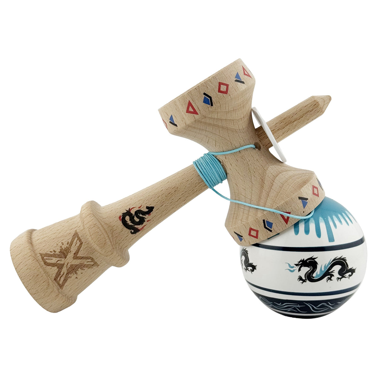 Kendama X Dragon Originala, Model V3 Albastru/Negru, Profesionala, Cupe Mari King Size, Super Sticky, Gaura in Baza, Rulment, Ata 62cm