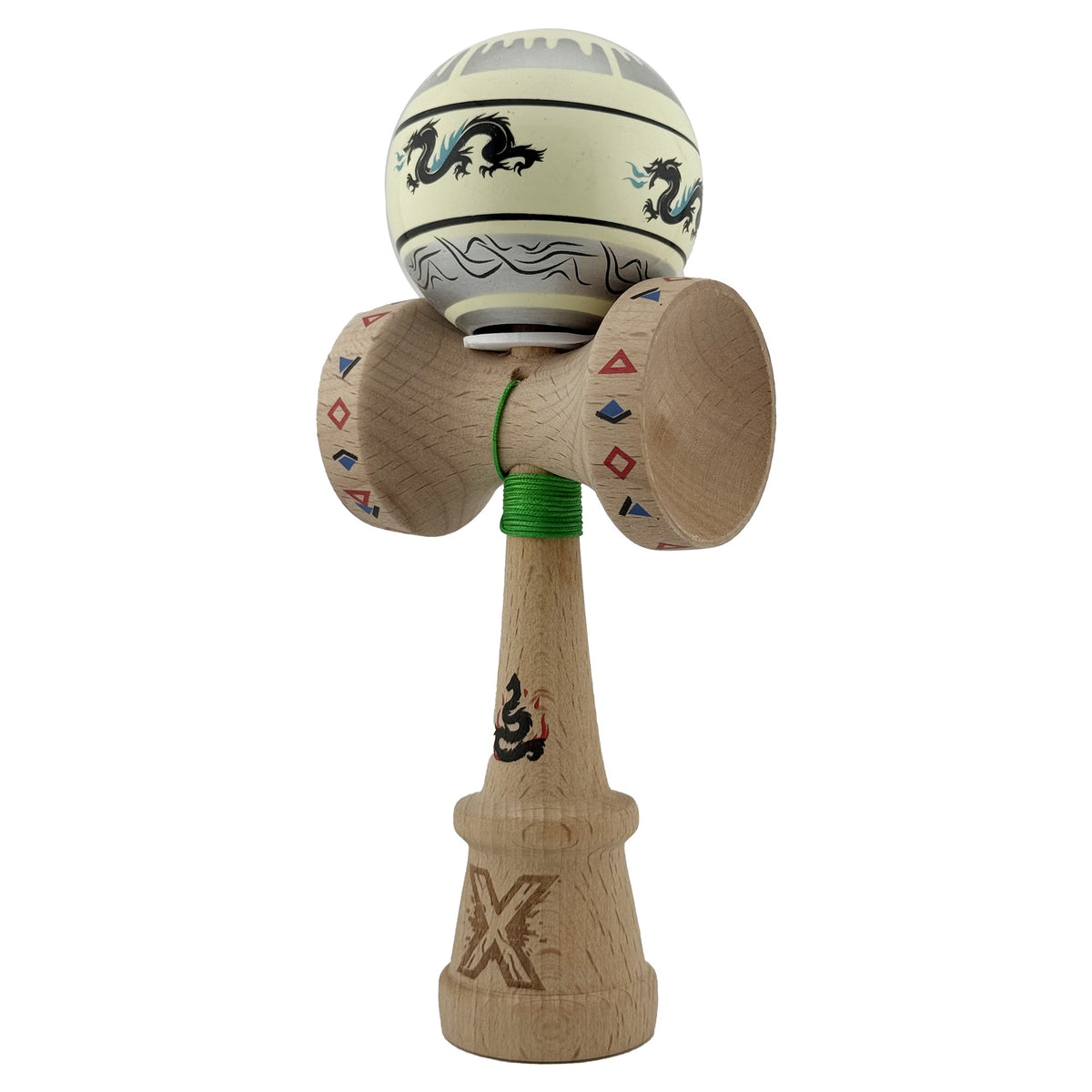 Kendama X Dragon Originala, Model V3 Gri / Verde Deschis, Profesionala, Cupe Mari King Size, Super Sticky, Gaura in Baza, Rulment, Ata 62cm