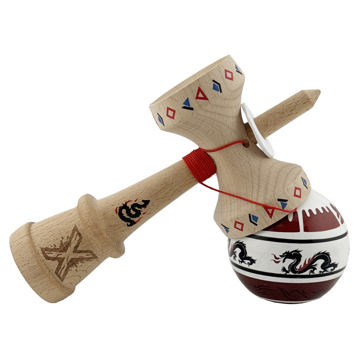 Kendama X Dragon Originala, Model V3 Alb / Rosu Inchis, Profesionala, Cupe Mari King Size, Super Sticky, Gaura in Baza, Rulment, Ata 62cm
