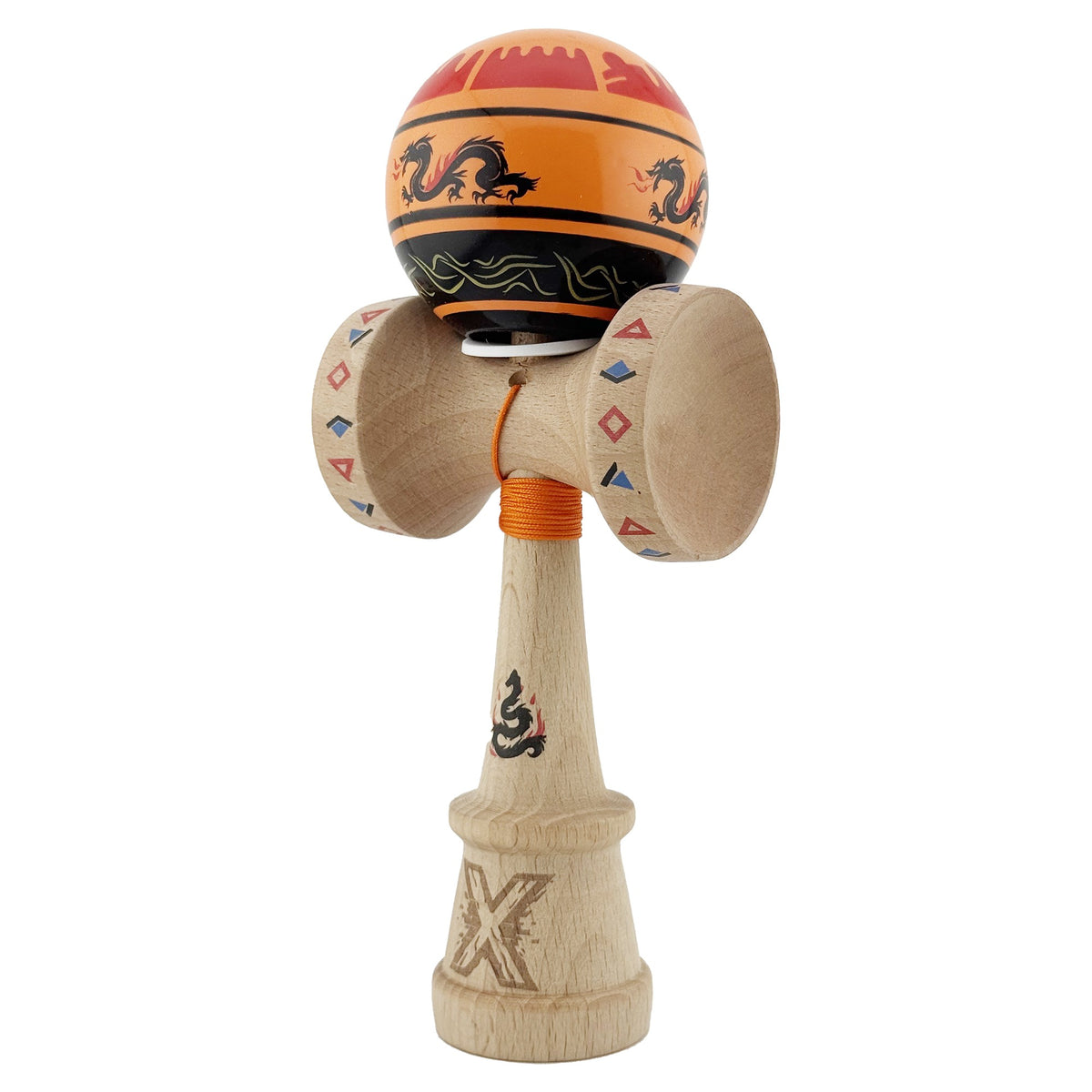 Kendama X Dragon Originala, Model V3 Portocaliu/Negru, Profesionala, Cupe Mari King Size, Super Sticky, Gaura in Baza, Rulment, Ata 62cm