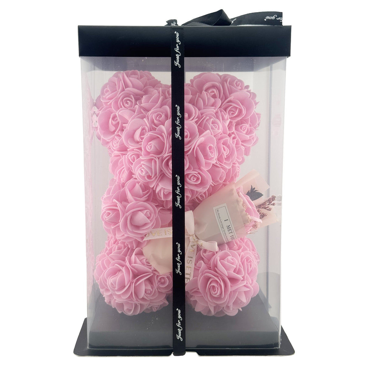Ursulet din Flori, Trandafiri din Spuma Decorativi, Cadou Aniversare si Valentine’s Day, Cutie Transparenta Inclusa, 23 cm, Roz