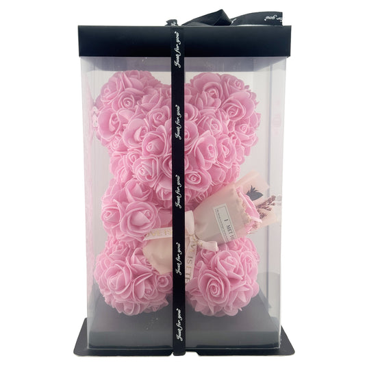 Ursulet din Flori, Trandafiri din Spuma Decorativi, Cadou Aniversare si Valentine’s Day, Cutie Transparenta Inclusa, 23 cm, Roz