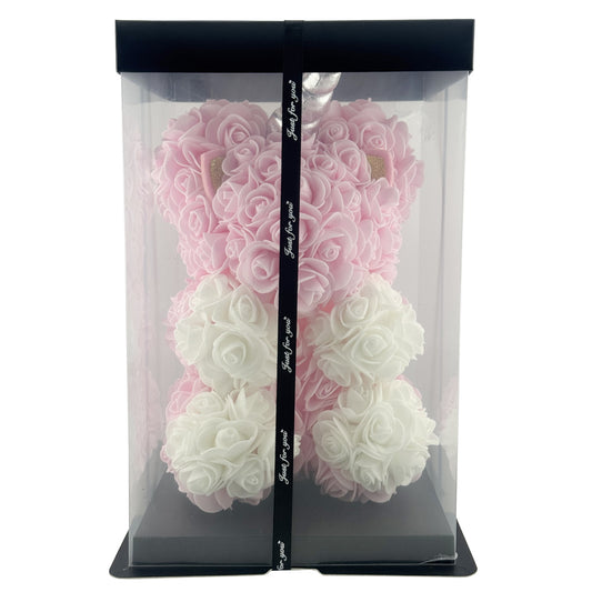 Unicorn Decorativ din Trandafiri de Spuma, Aranjament Floral in Cutie Transparenta, Cadou Aniversare, Alb si Roz, 17 x 17 x 23 cm