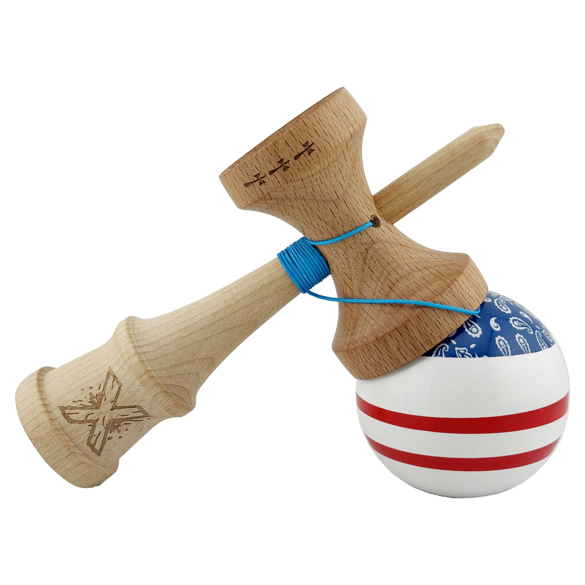 Kendama X Chicanos Originala, Model Albastru / Rosu / Alb, Profesionala, Cupe Mari, Super Sticky, Rulment, Ata 55cm