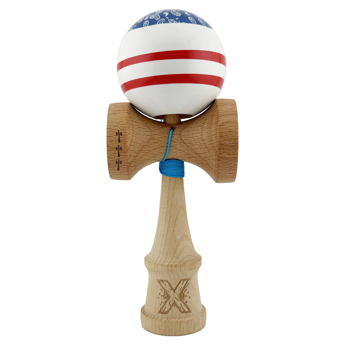 Kendama X Chicanos Originala, Model Albastru / Rosu / Alb, Profesionala, Cupe Mari, Super Sticky, Rulment, Ata 55cm