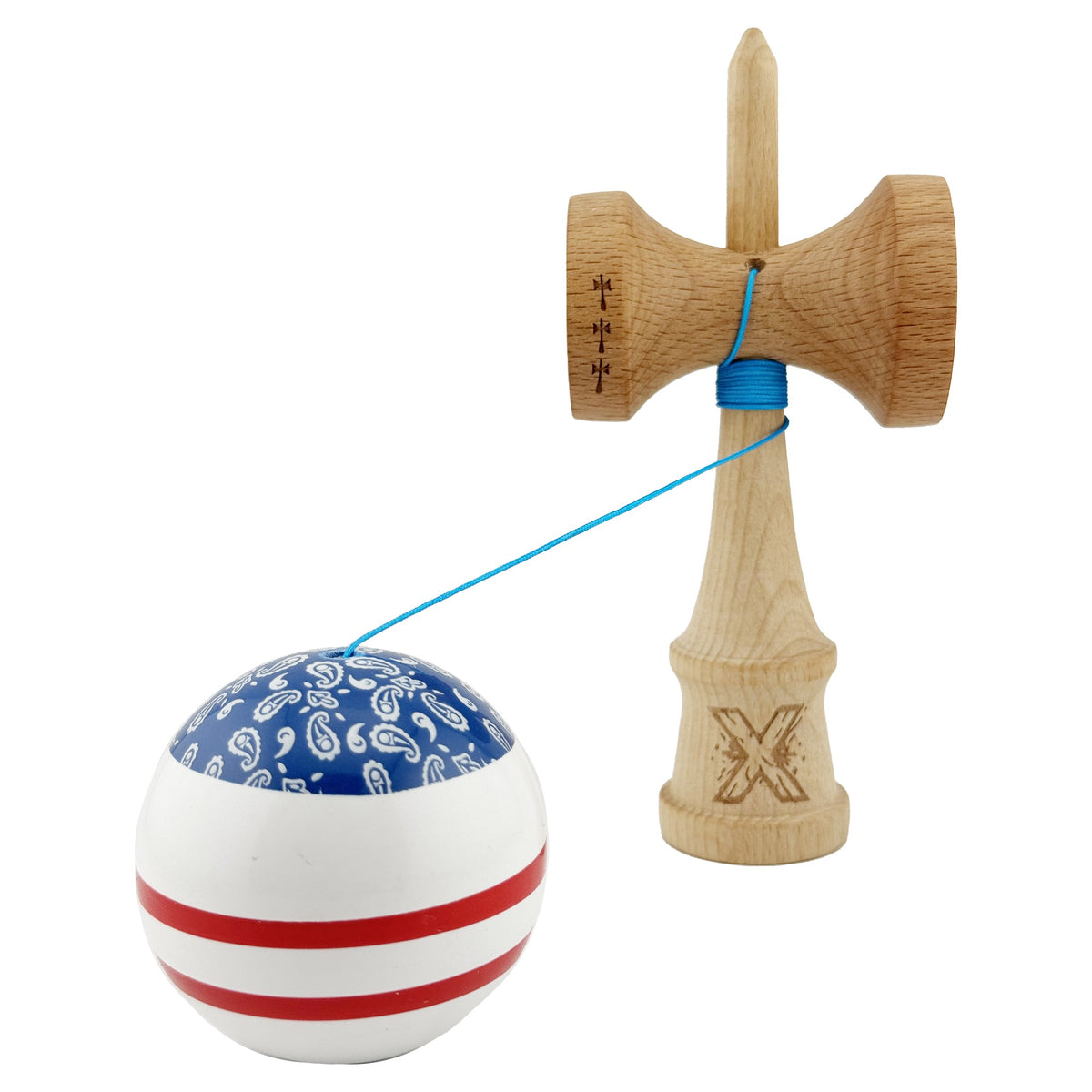 Kendama X Chicanos Originala, Model Albastru / Rosu / Alb, Profesionala, Cupe Mari, Super Sticky, Rulment, Ata 55cm