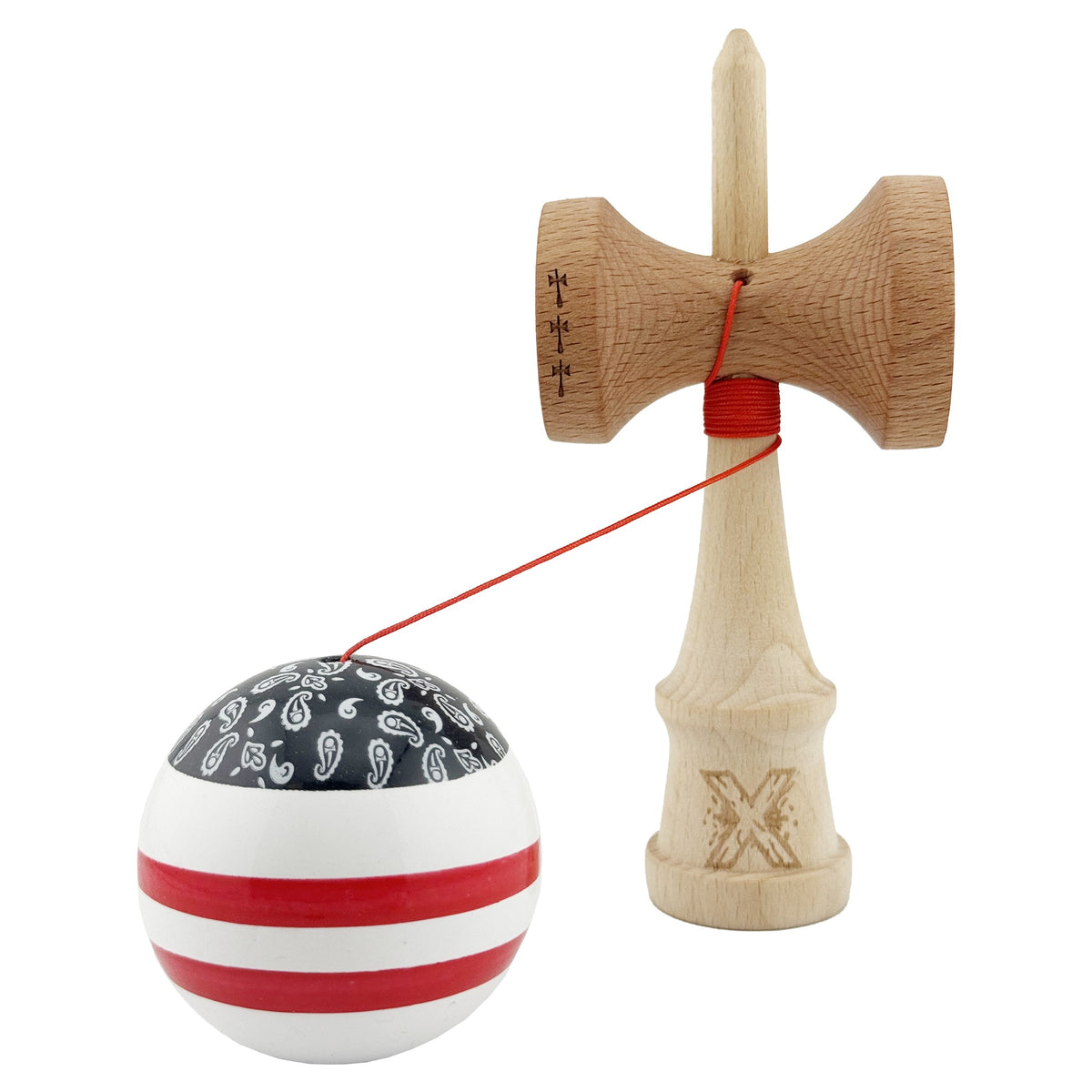 Kendama X Chicanos Originala, Model Negru / Rosu / Alb, Profesionala, Cupe Mari, Super Sticky, Rulment, Ata 55cm