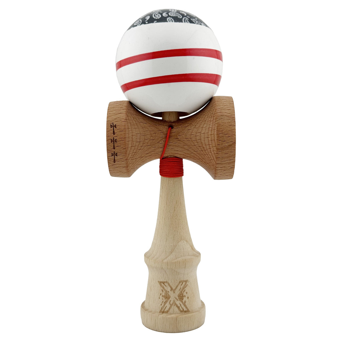 Kendama X Chicanos Originala, Model Negru / Rosu / Alb, Profesionala, Cupe Mari, Super Sticky, Rulment, Ata 55cm