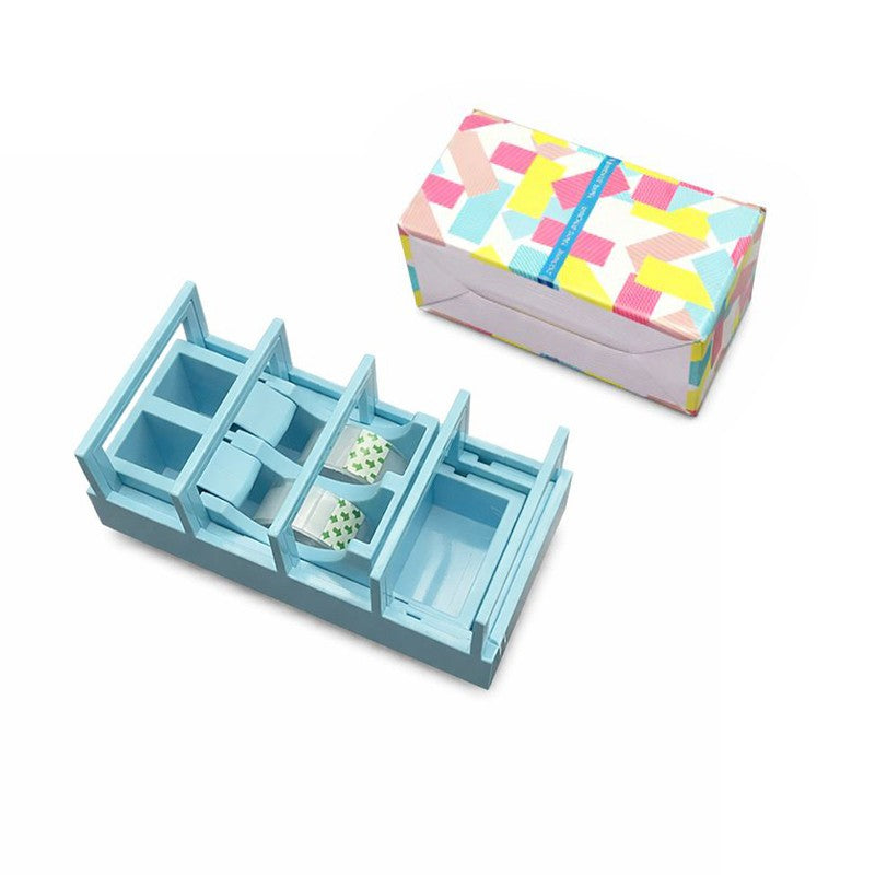 Dispenser Banda Adeziva, Suport pentru Birou si Scoala, Baza Stabila cu Compartimente Organizatoare, Plastic Rezistent, 15.5 x 7.7 x 7.4 cm, Albastru Deschis